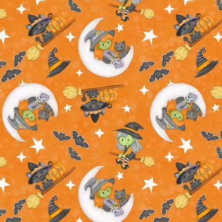 Moonlight Mischief Glow - Orange Witch & Cat on Moon