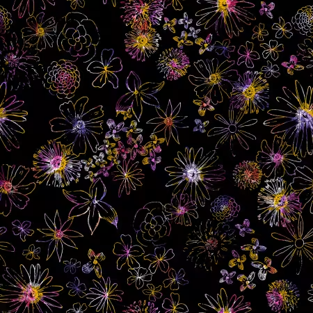 Sunset Meadow Black Linework Floral