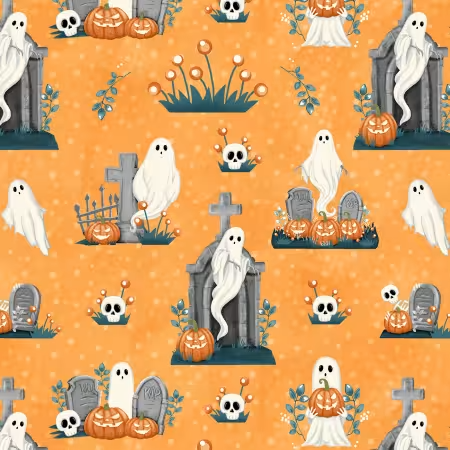 Ghosts In The Graveyard Orange Ghosts, Pumpkins and Skulls (Glow in the Dark)