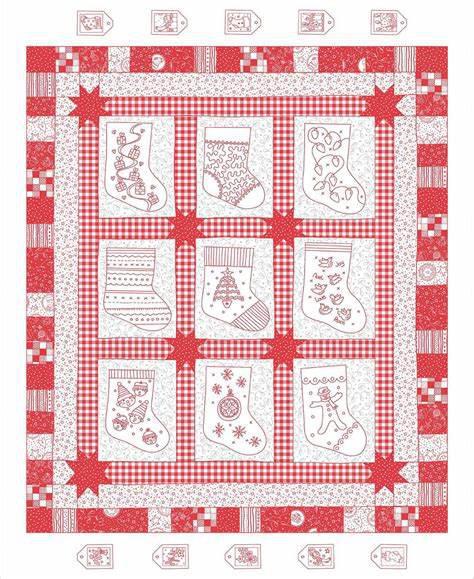 Redwork Christmas Red 36 Inch Embroidered Stocking Panel